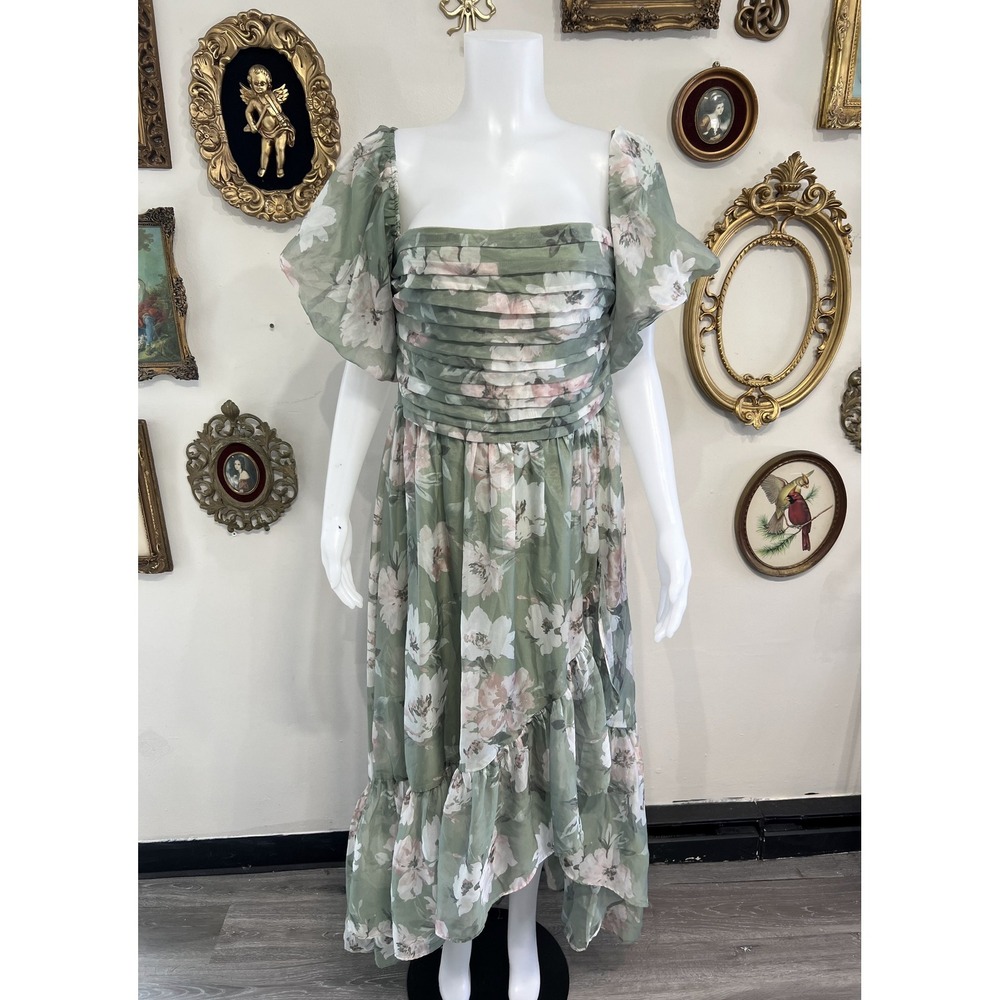 Abercrombie & Fitch Green Floral Chiffon Puff Sleeve Square Neck Midi Dress Sz L